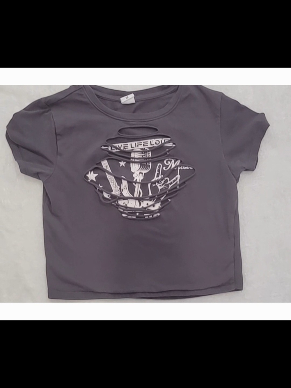 Y2K Grunge Dark Grey Cutout Graphic Crop Top